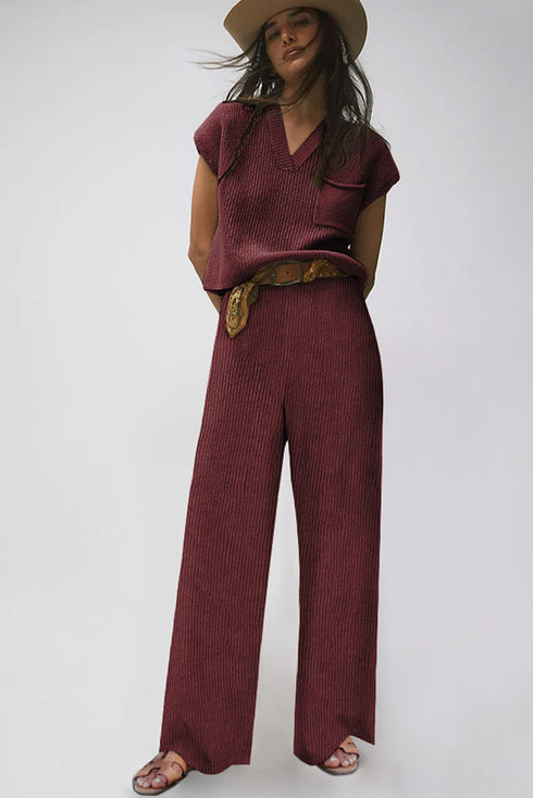 Knitted V Neck Sweater and Casual Pants Set
